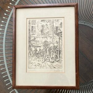 Vintage MCM framed signed etching market street scene Genova Italy